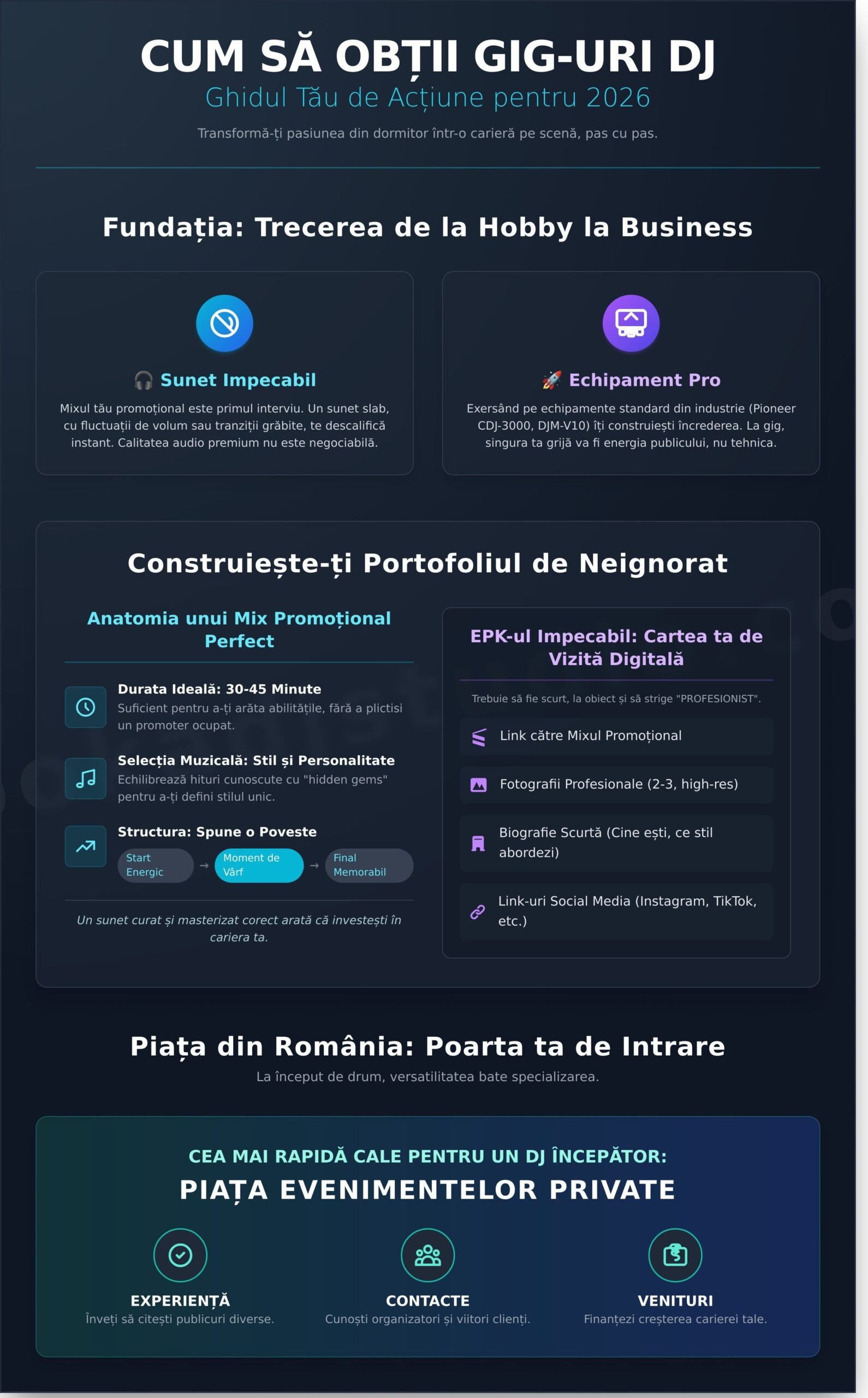 Cum să obții gig-uri DJ în 2026: Ghidul tău complet de la dormitor la scenă - Infographic