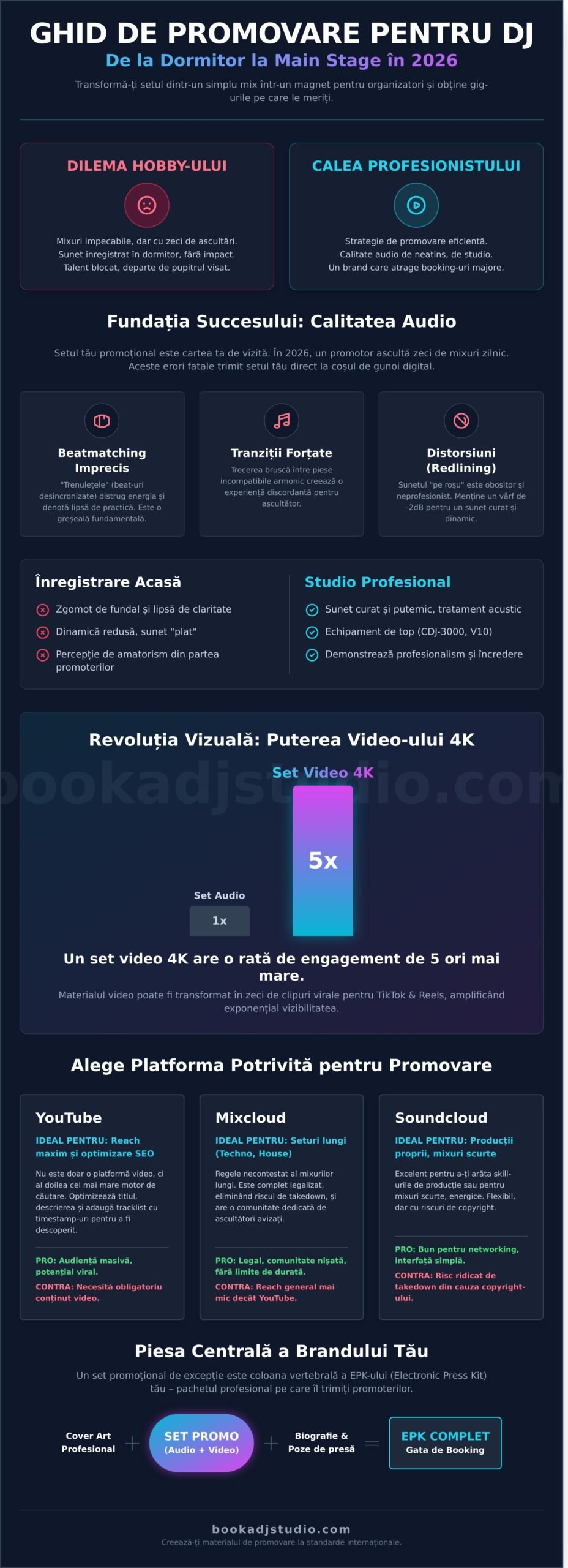 Ghid Complet Promovare Set DJ: Cum Să Te Faci Remarcat și Să Obții Gig-uri în 2026 - Infographic
