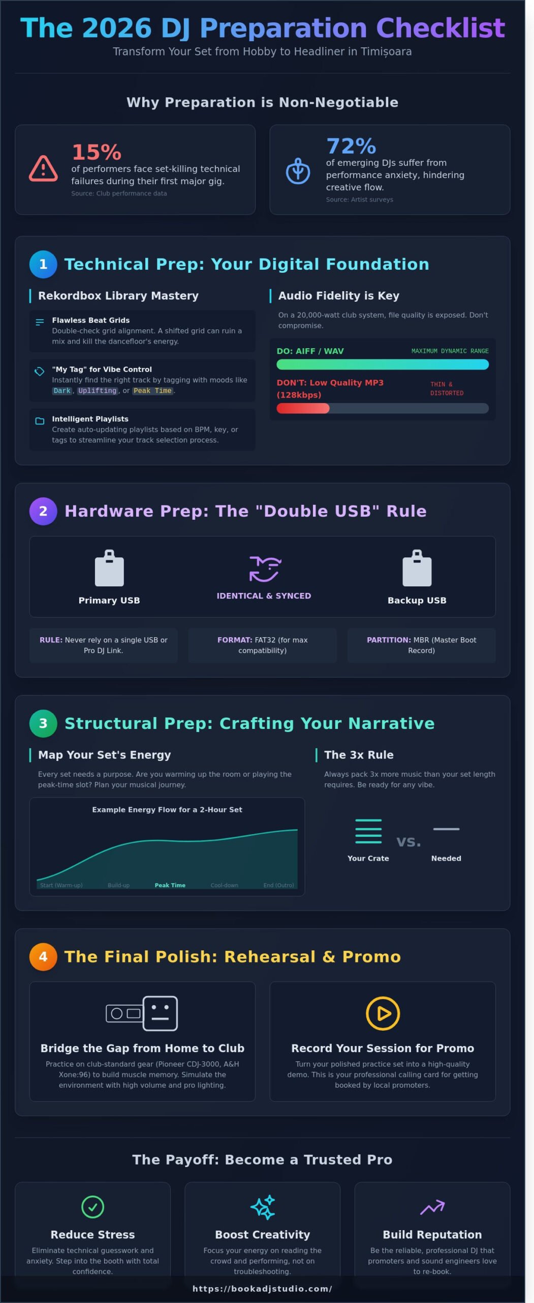 DJ Event Set Preparation in Timișoara: The 2026 Checklist (Pregătire Set DJ Eveniment) - Infographic