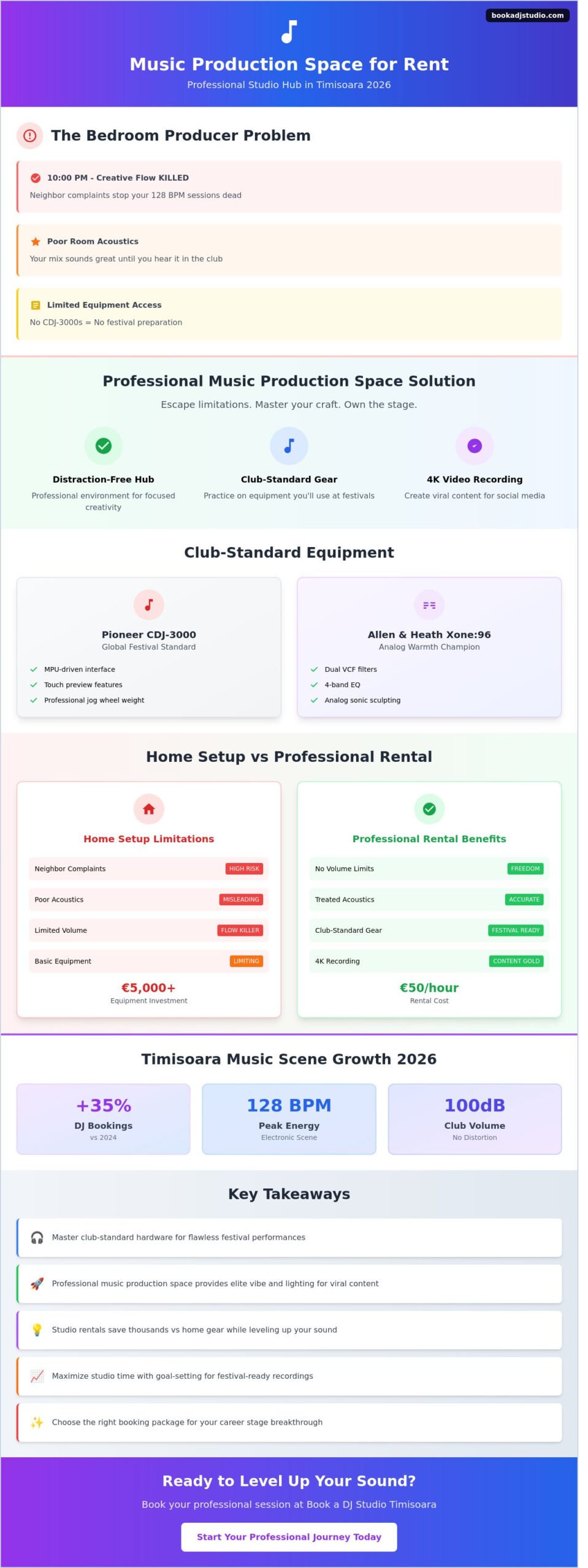 Music Production Space for Rent in Timisoara: Your Pro DJ & Creative Hub - Infographic